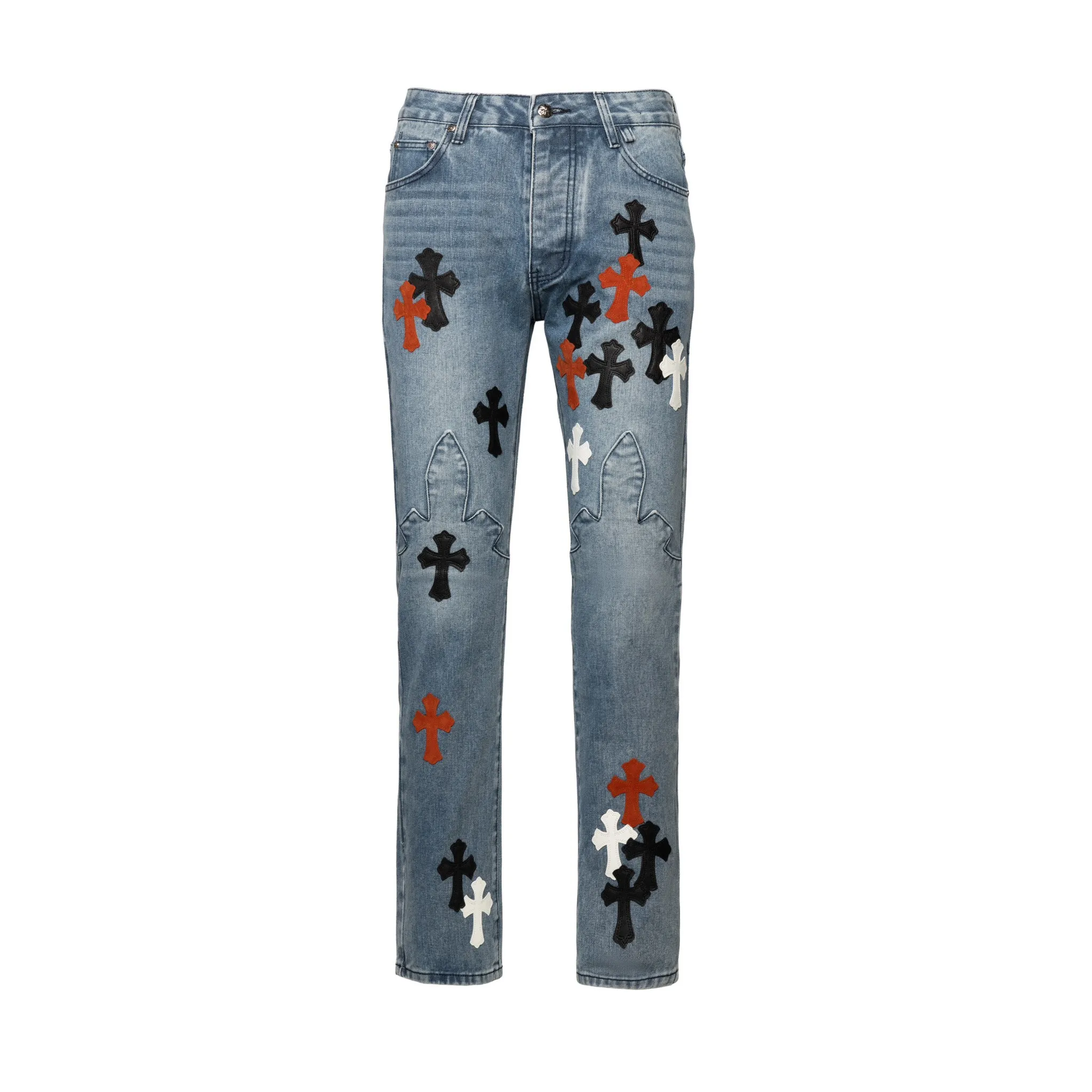 P250 Chrome Hearts Chrome Hearts city-limited flame black, red and white leather jeans need to be washed after the finished product is disassembled and hand-made with sheepskin cross leather and then spliced ​​together to complete. The whole piece has too many craftsmanship to explain. The cabinet price is 16W+, the patchwork is decorated with cross flowers, and the high-waisted washed jeans! ! Absolutely high-end luxury products, 8W+ level god-level single products, super popular products, made with top heavy industry, a magic weapon that cannot be missed. About Kroxin This is an extremely luxurious fashion brand, which can also be called the aristocrats of the high street. It has always been an exclusive brand for some hipsters or the rich second generation. Compared with ordinary high streets, it is more luxurious and noble. Compared with luxury brands, it has a more fashionable personality and has always been a brand that I have a special liking for. Style number: 1849 Color: blue Size: 28 30 32 34 36 28 Waist 86 Hips 100 Length 102 30 Waist 90 Hips 104 Length 104 32 Waist 94 Hips 108 Length 106 34 Waist 98 Hips 112 Length 110 36 Waist 102 Hips 116 Pants length 112